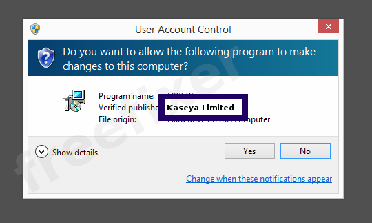 Screenshot where Kaseya Limited appears as the verified publisher in the UAC dialog